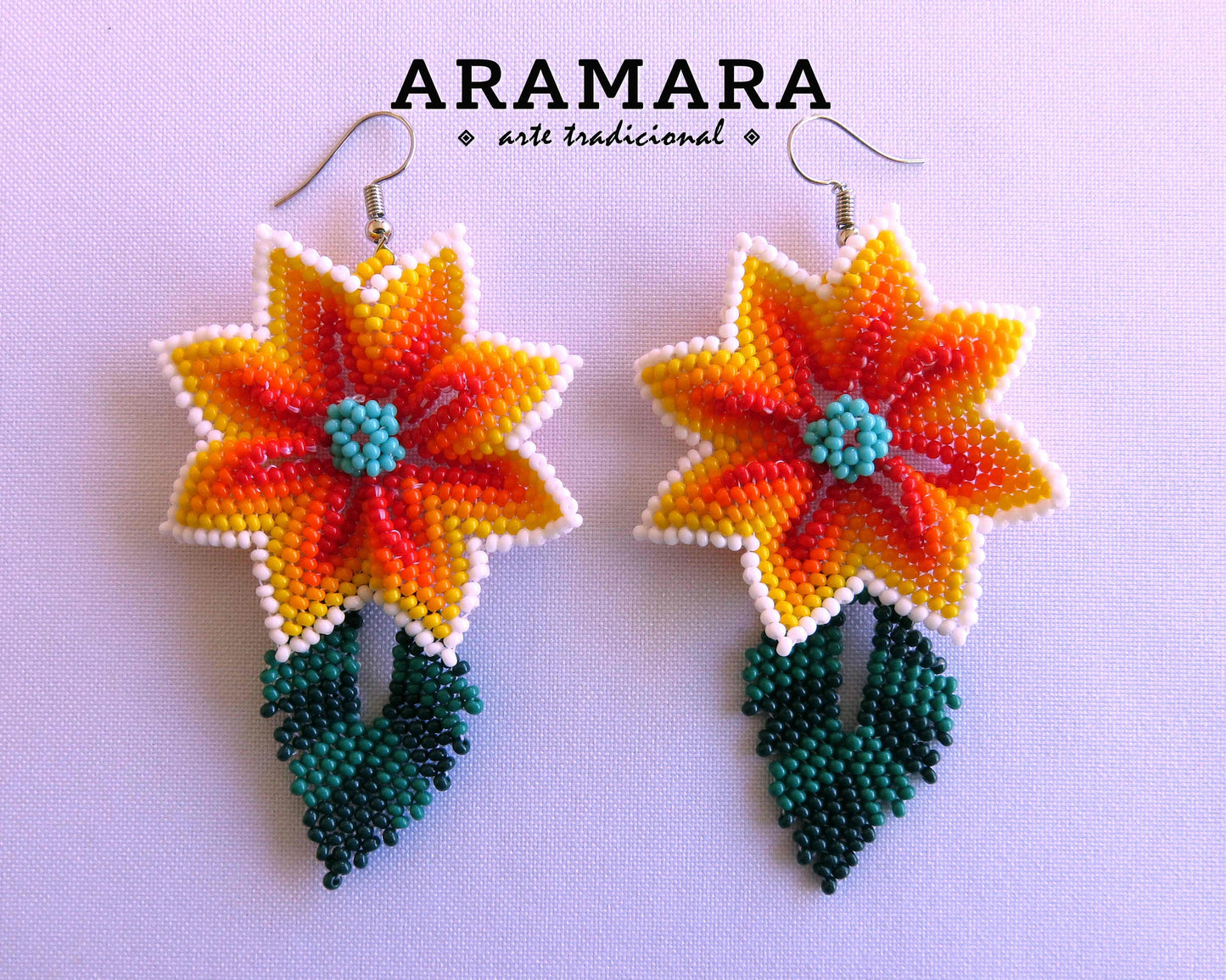 Native american earrings, Mexican Jewelry, Mexican folk art, Beaded Flower, Mexican earrings, Huichol Earrings, Flower Earrings, AF-0913