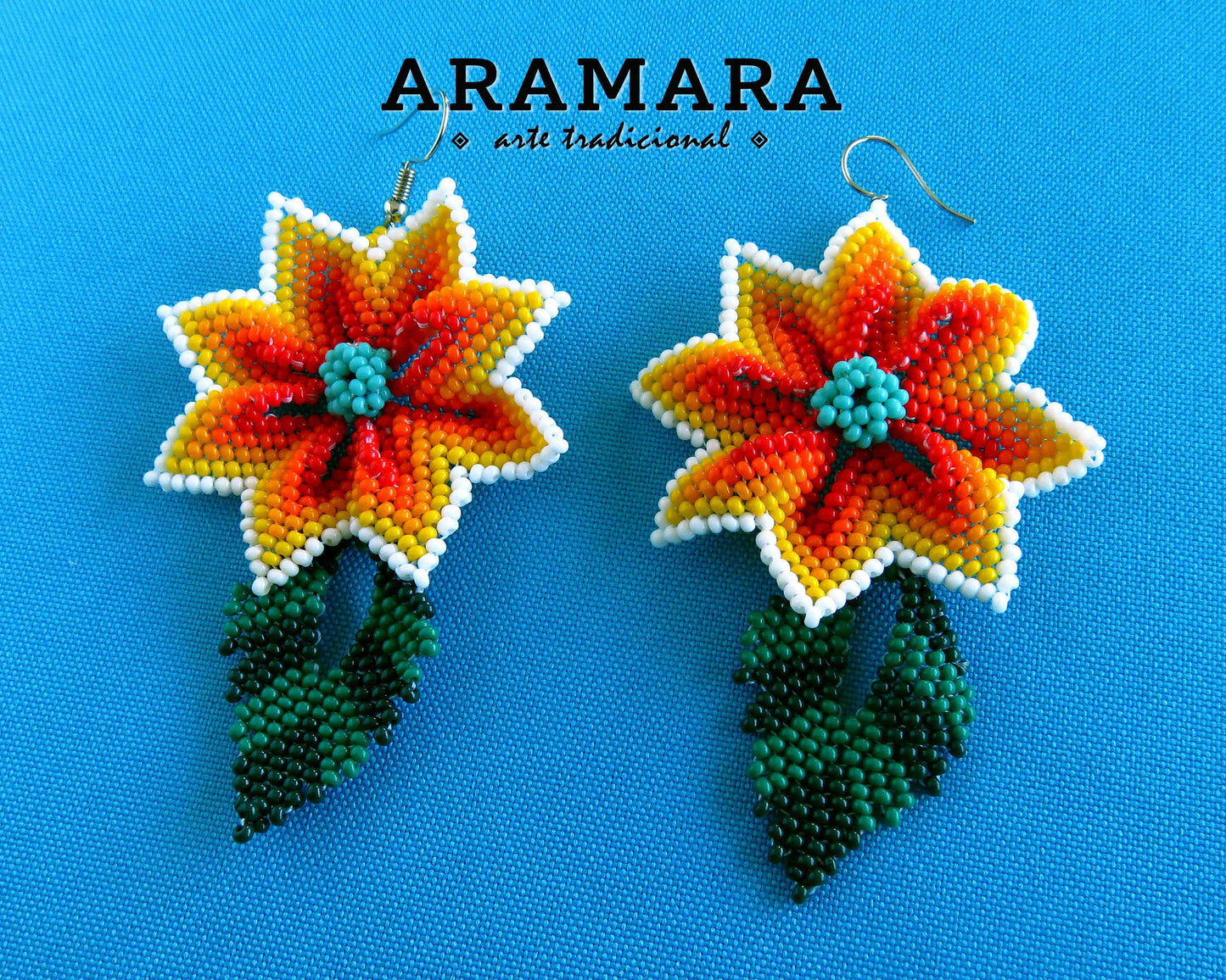Native american earrings, Mexican Jewelry, Mexican folk art, Beaded Flower, Mexican earrings, Huichol Earrings, Flower Earrings, AF-0913
