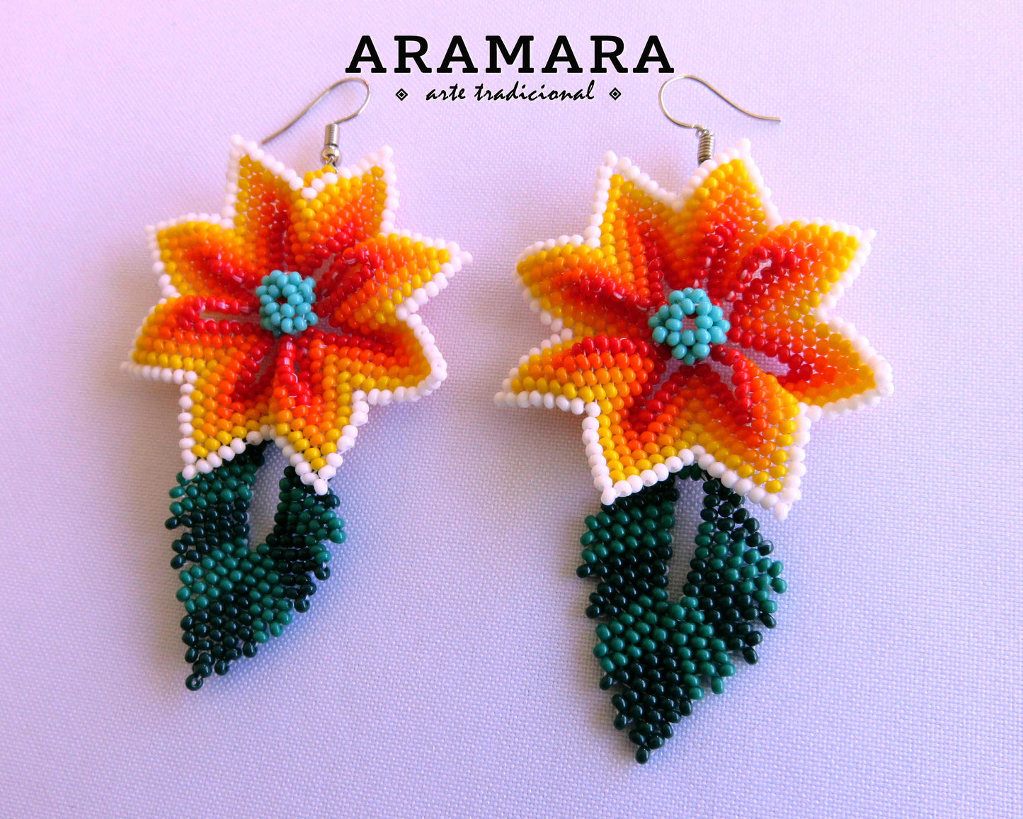 Native american earrings, Mexican Jewelry, Mexican folk art, Beaded Flower, Mexican earrings, Huichol Earrings, Flower Earrings, AF-0913