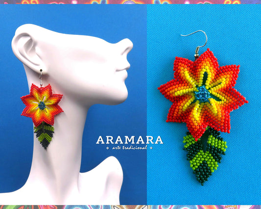 Red and Yellow Huichol Earrings Beaded Flower Earrings  |  AF-0915