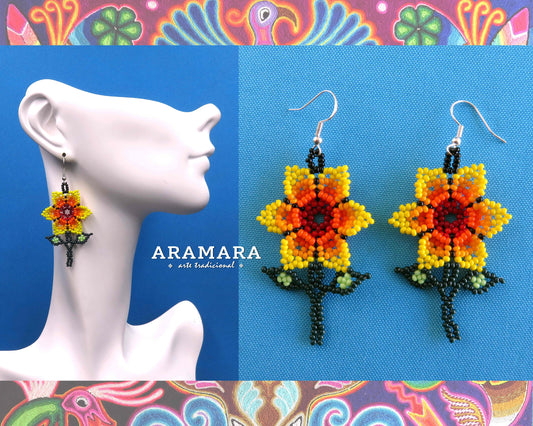 Mexican Jewelry, Mexican folk art, Huichol Earrings, Flower Earrings, Mexican earrings, Native american earrings, Beaded Flower, AF-0920