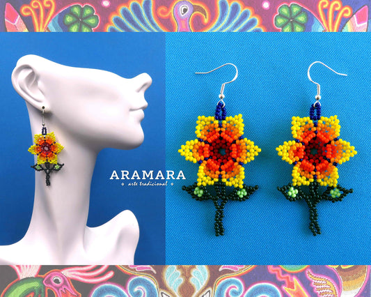 Yellow Huichol Beaded Flower Earrings  |  AF-0922