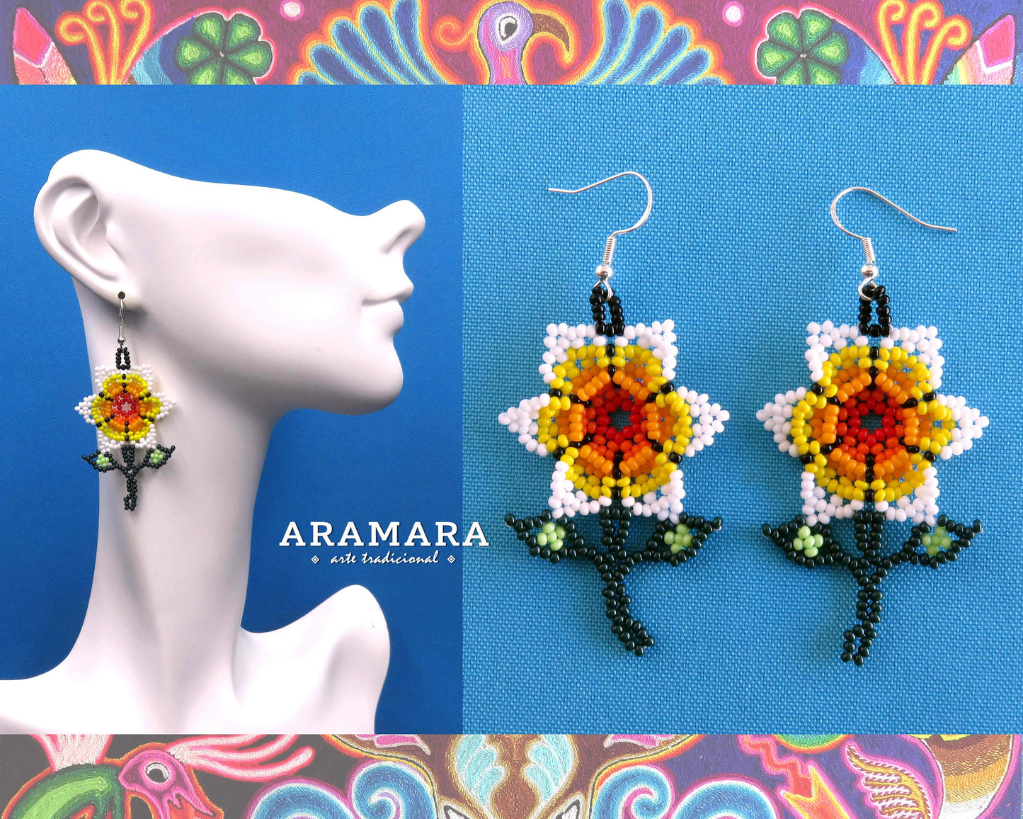 Mexican Jewelry, Native american earrings, Beaded Flower, Mexican folk art, Huichol Earrings, Flower Earrings, Mexican earrings, AF-0923