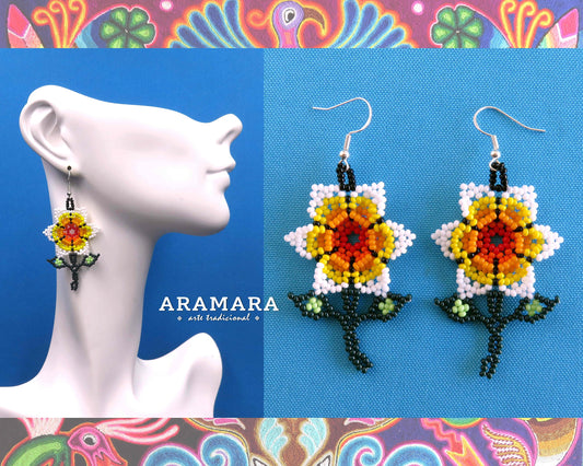 Mexican Jewelry, Native american earrings, Beaded Flower, Mexican folk art, Huichol Earrings, Flower Earrings, Mexican earrings, AF-0923
