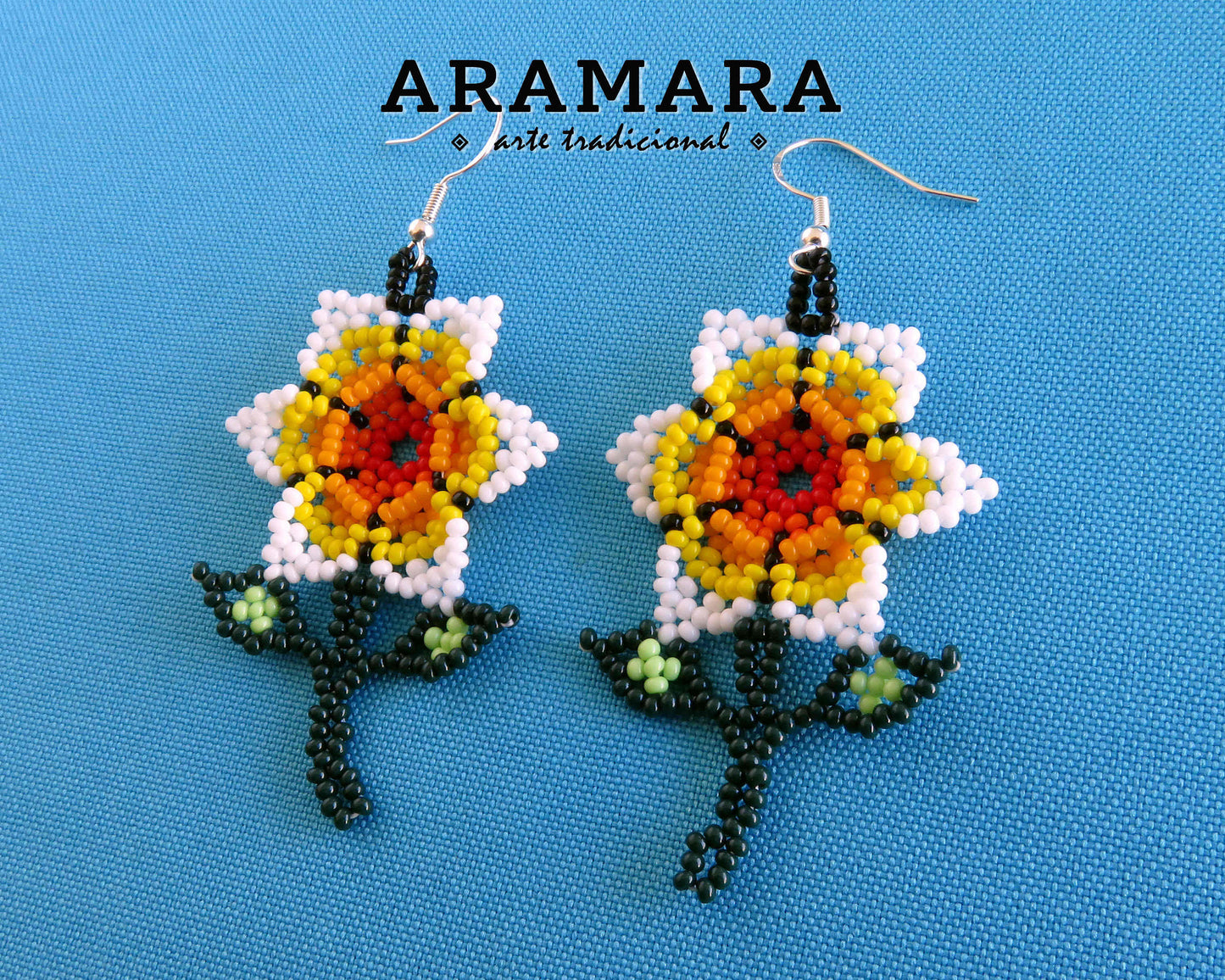 Mexican Jewelry, Native american earrings, Beaded Flower, Mexican folk art, Huichol Earrings, Flower Earrings, Mexican earrings, AF-0923
