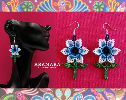 Mexican folk art, Native american earrings, Mexican Jewelry, Beaded Flower, Mexican earrings, Flower Earrings, Huichol Earrings, AF-0926
