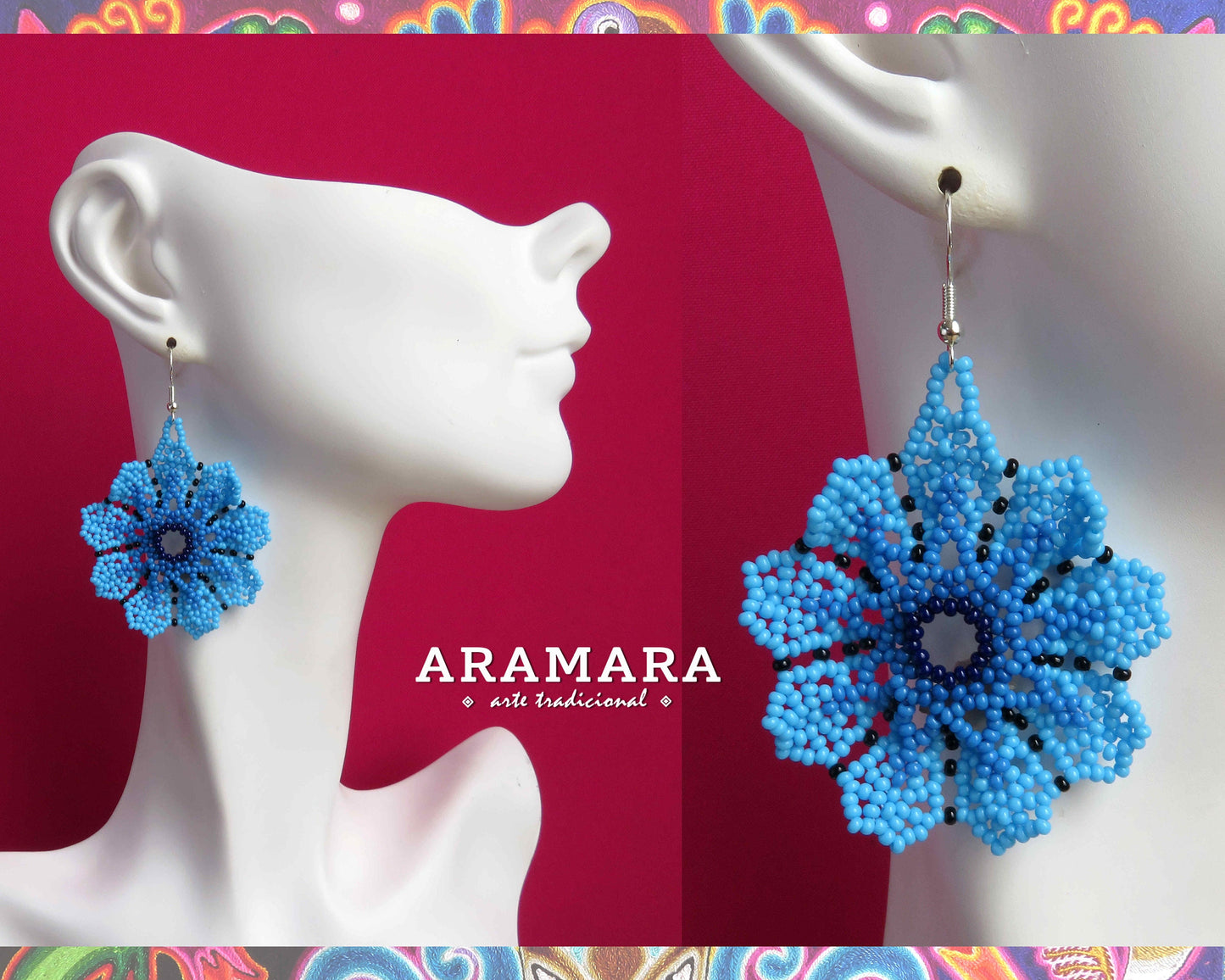 Blue Huichol Beaded Flower Earrings  |  AF-0931
