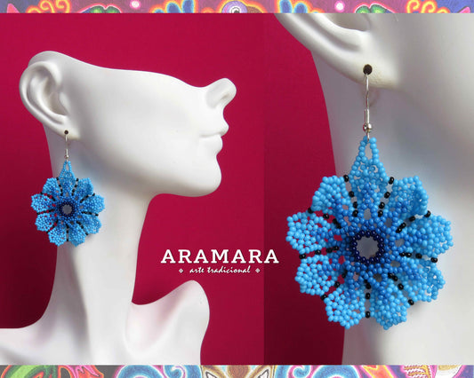 Blue Huichol Beaded Flower Earrings  |  AF-0931