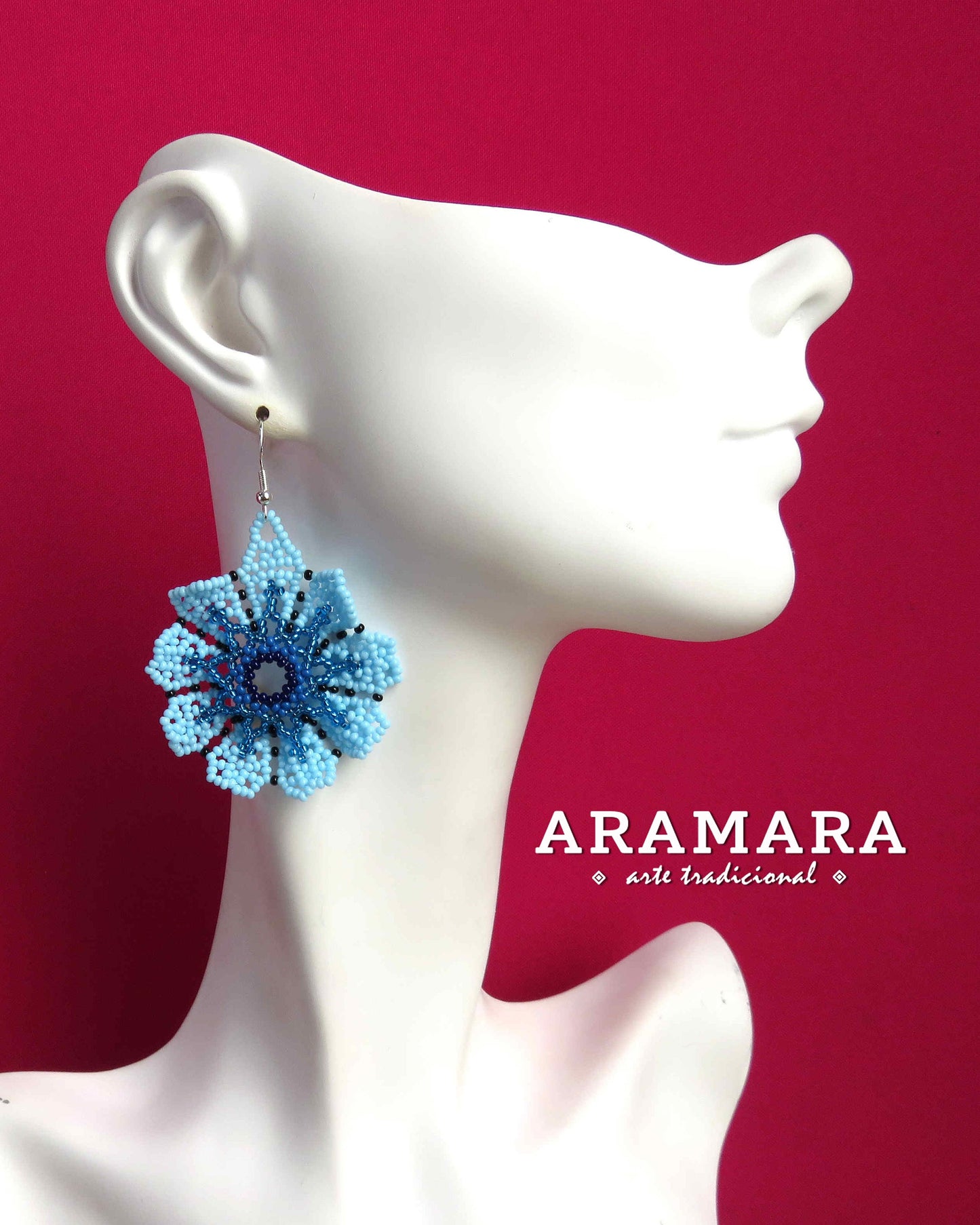 Blue Huichol Beaded Flower Earrings  |  AF-0933