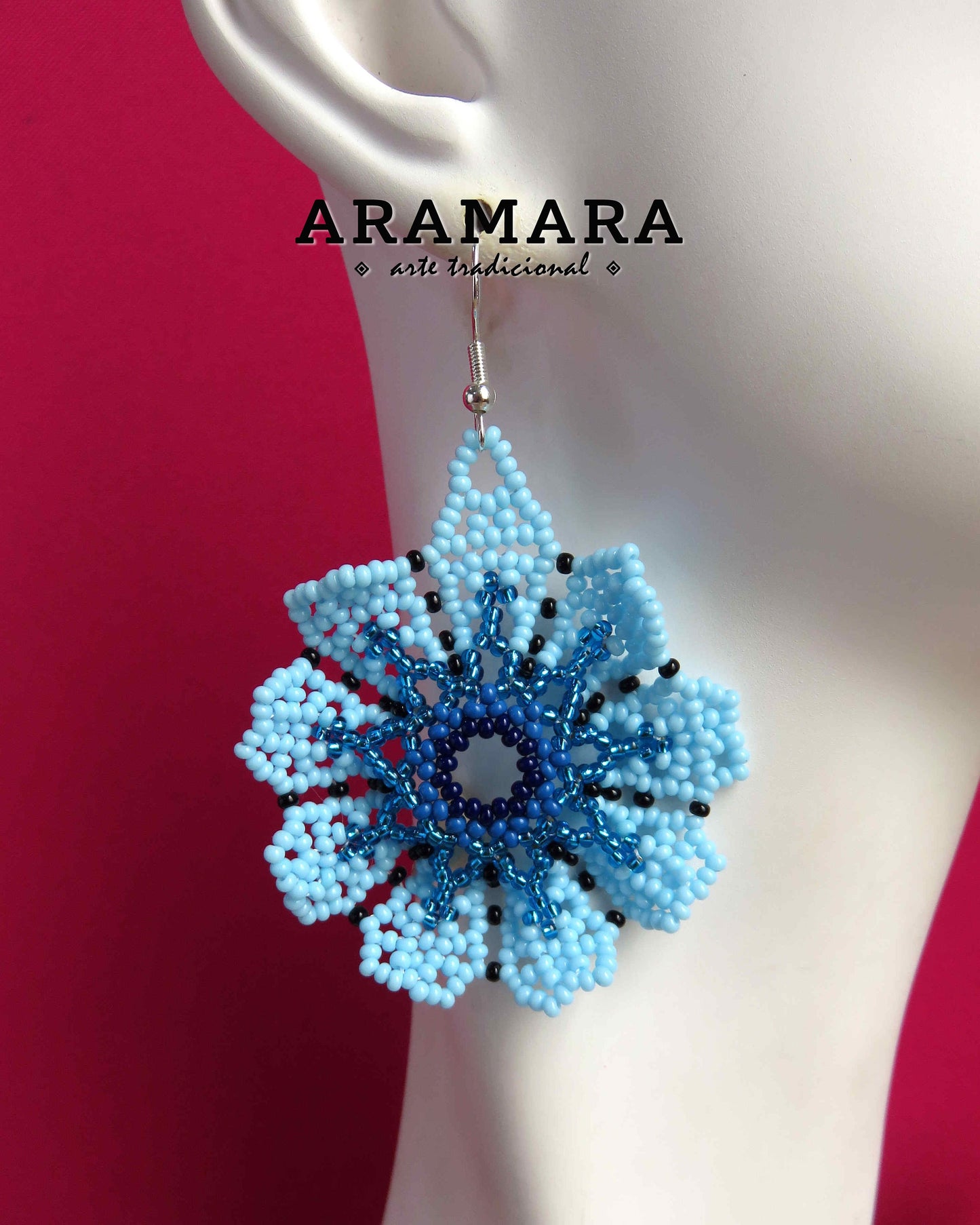 Blue Huichol Beaded Flower Earrings  |  AF-0933