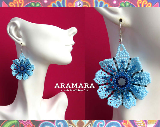 Blue Huichol Beaded Flower Earrings  |  AF-0933