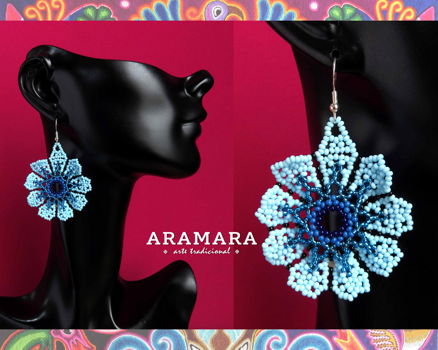 Blue Huichol Beaded Flower Earrings  |  AF-0933