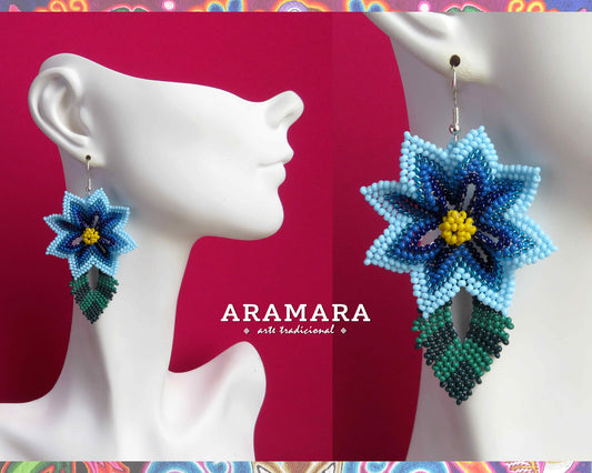Blue Huichol Beaded Flower Earrings  |  AF-0936