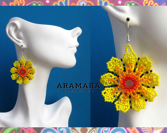 Yellow Huichol Beaded Flower Earrings  |  AF-0930