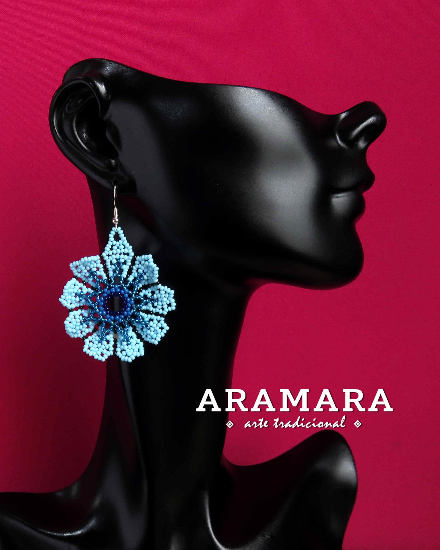 Blue Huichol Beaded Flower Earrings  |  AF-0933