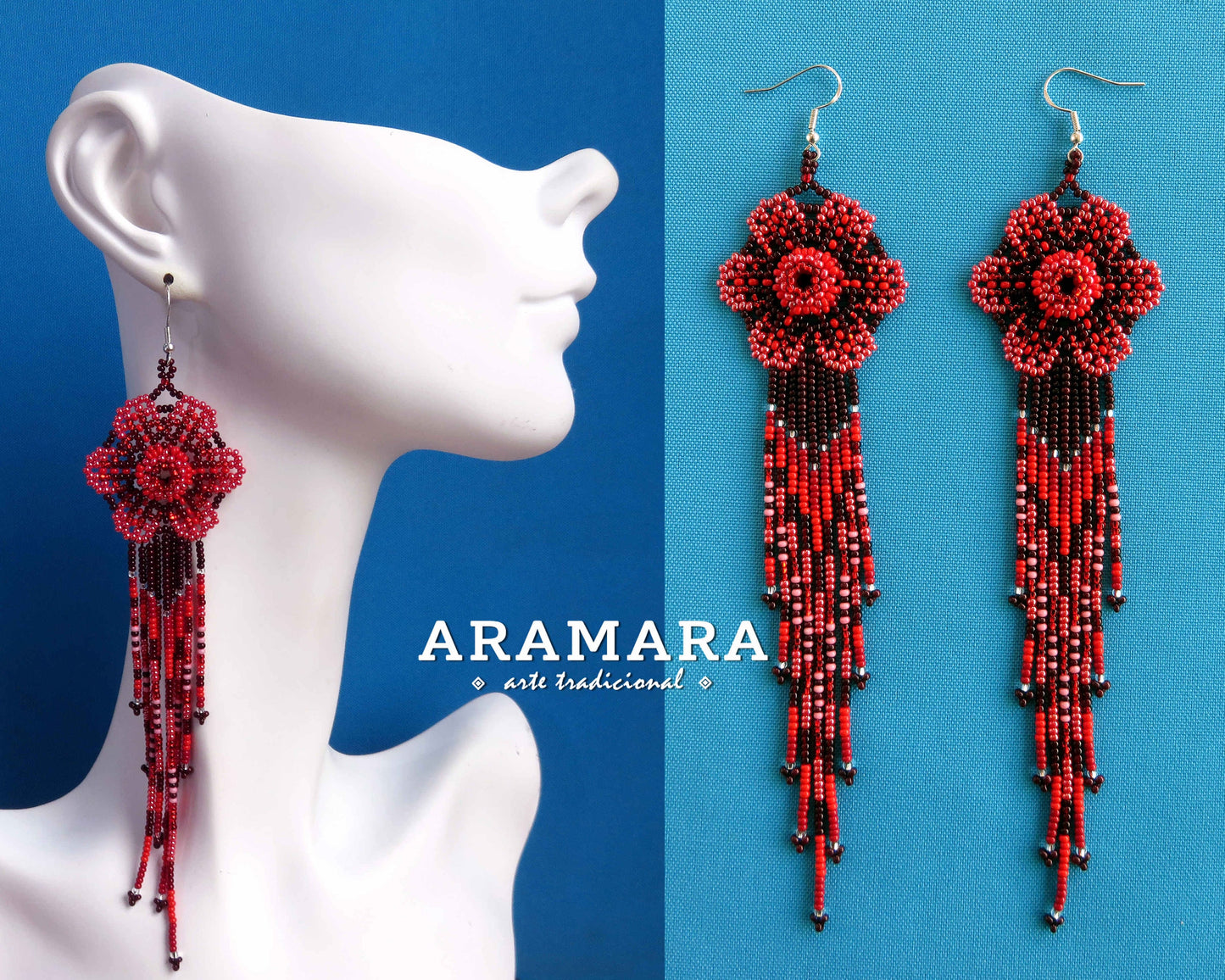 Huichol Beaded Flower Earrings, Beaded Flower  | AF-0941