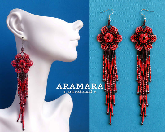 Huichol Beaded Flower Earrings, Beaded Flower  | AF-0941