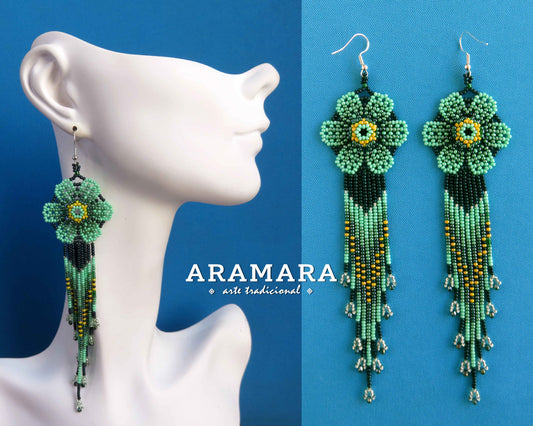 Native american earrings, Flower Earrings, Huichol Earrings, Mexican Jewelry, Mexican folk art, Beaded Flower, Mexican earrings, AF-0942