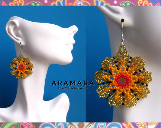 Yellow and golden Huichol Beaded Flower Earrings  |  AF-0934