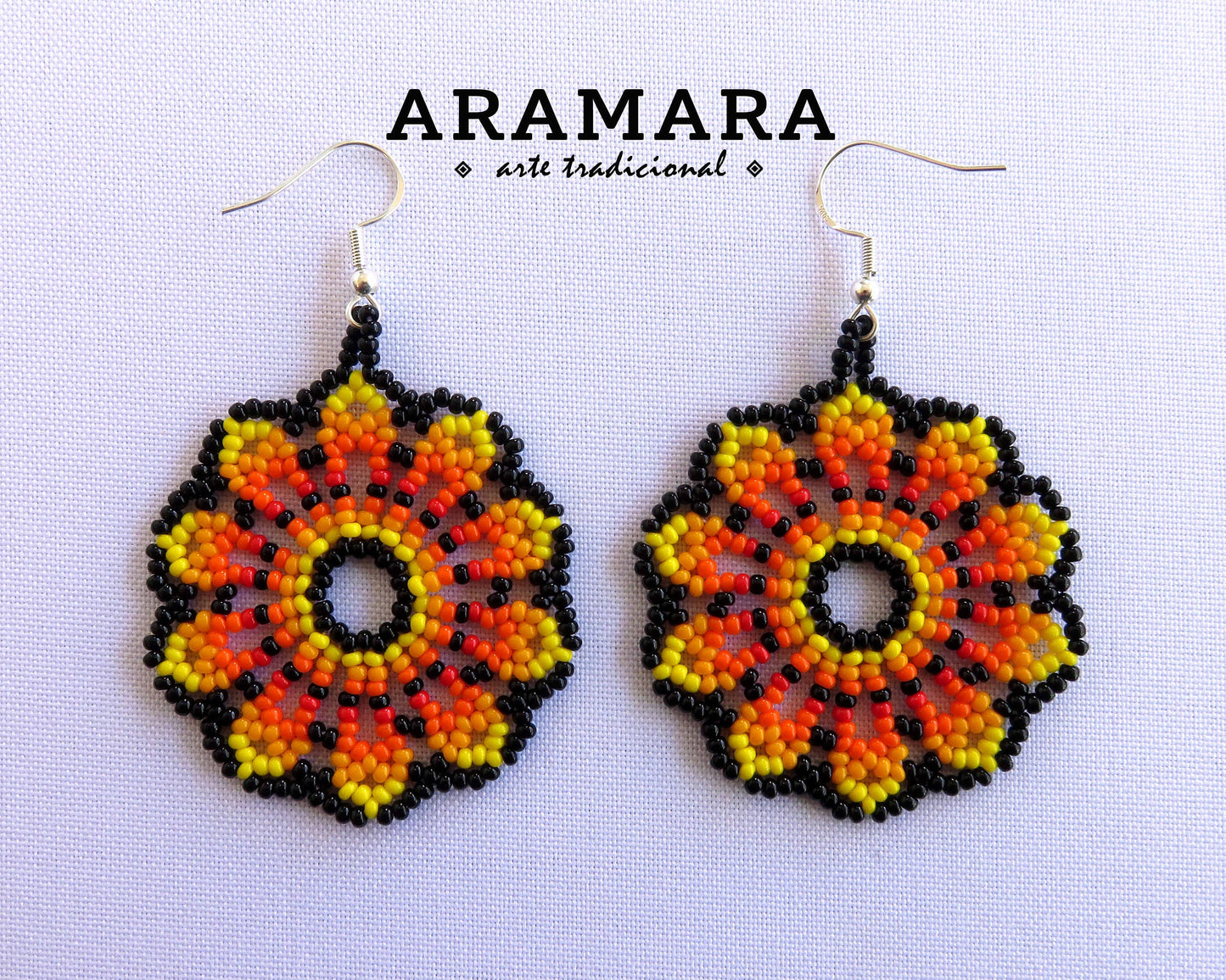 Yellow and Orange Huichol Beaded Flower Earrings  |  AF-0946