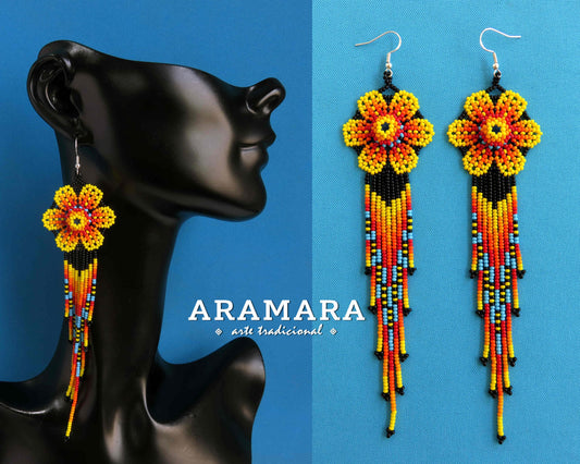 Yellow Huichol Beaded Flower Earrings  |  AF-0860