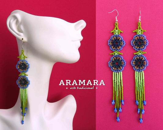 Blue and Green Huichol Beaded Flower Earrings | AF-0951