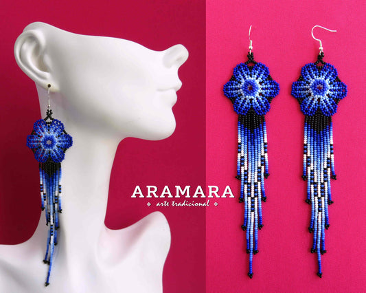 Blue Huichol Beaded Flower Earrings  |  AF-0870
