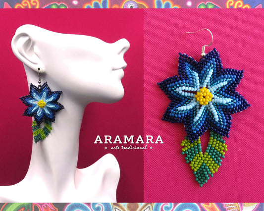 Blue Huichol Beaded Flower Earrings  |  AF-0912