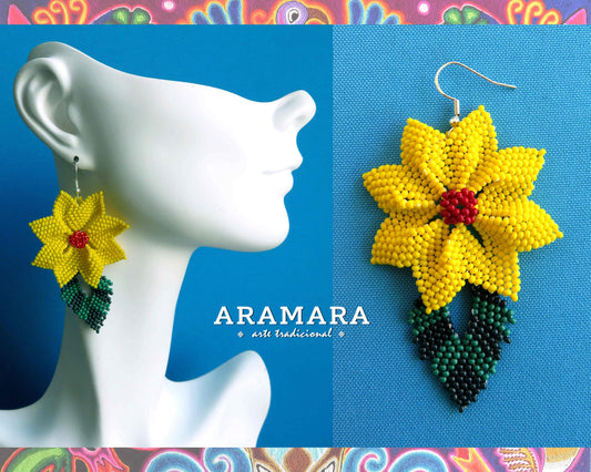 Mexican Jewelry, Huichol Earrings, Mexican earrings, Beaded Flower, Native american earrings, Flower Earrings, Mexican folk art, AF-0499