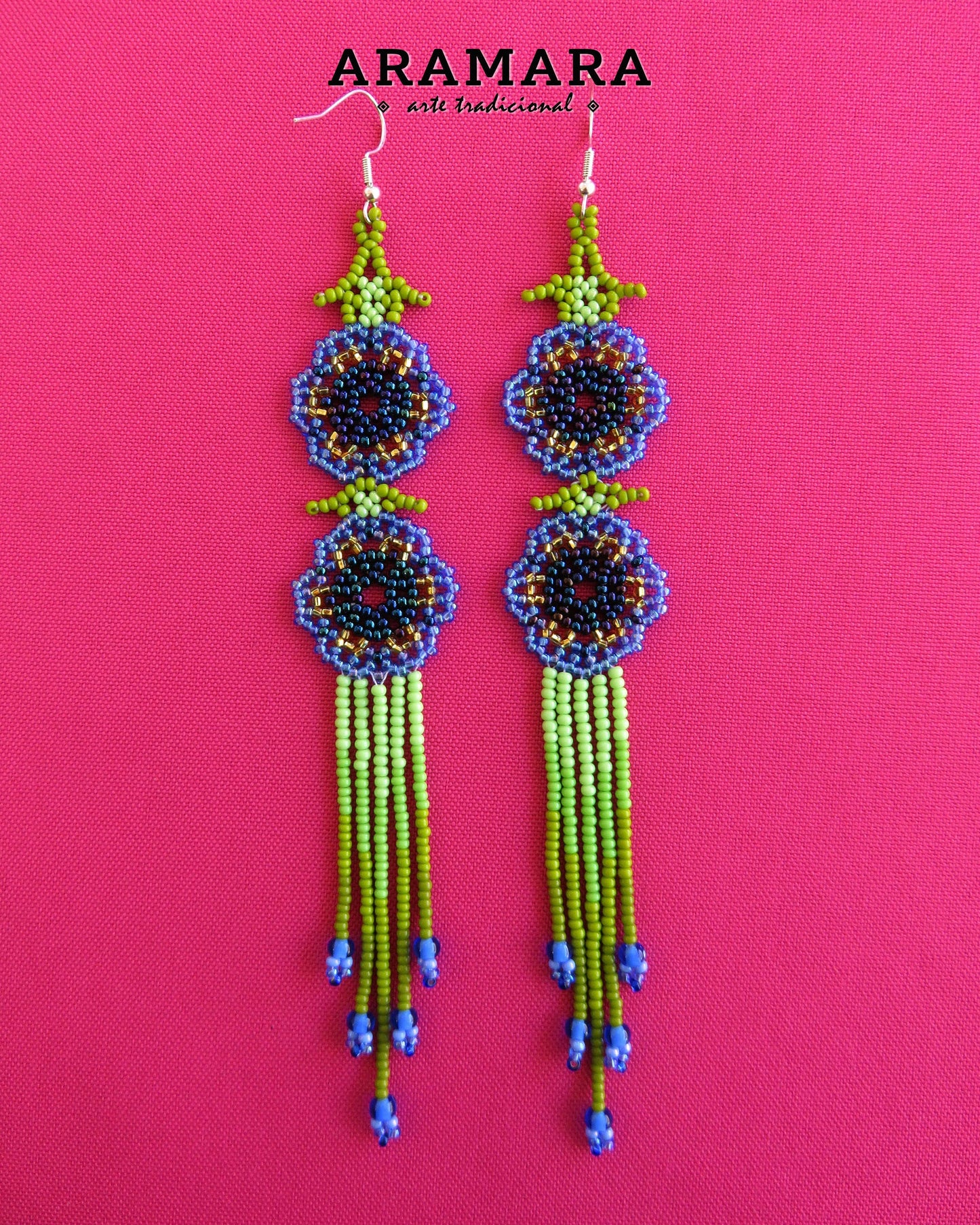 Blue and Green Huichol Beaded Flower Earrings | AF-0951
