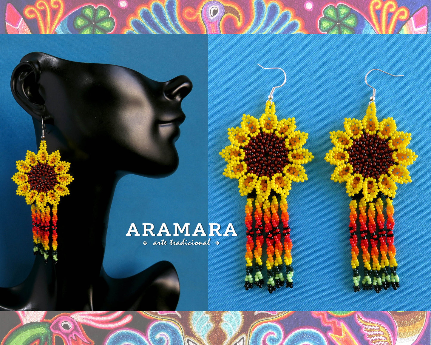 Yellow Huichol Beaded Flower Earrings  |  AF-0673