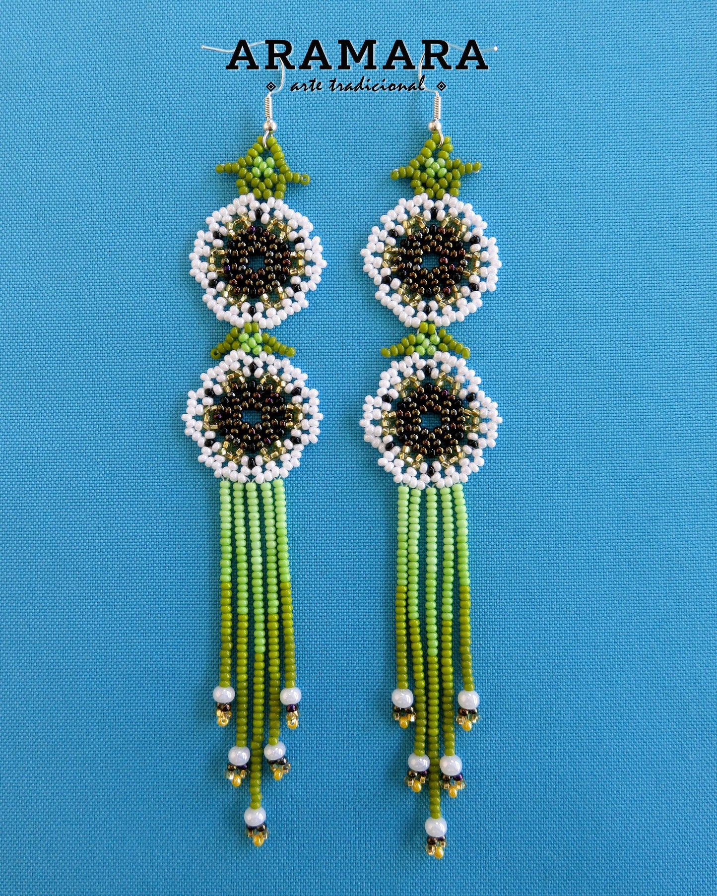 White and Green Huichol Beaded Flower Earrings | AF-0952
