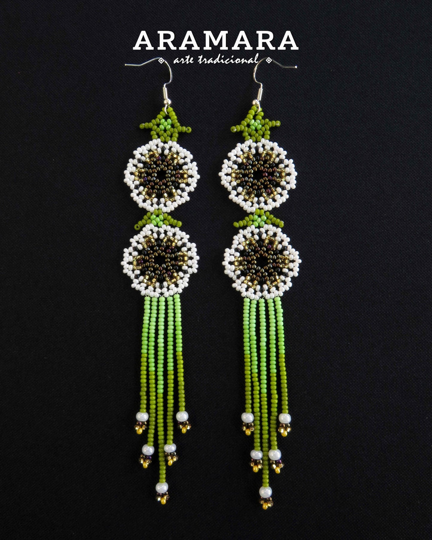 White and Green Huichol Beaded Flower Earrings | AF-0952