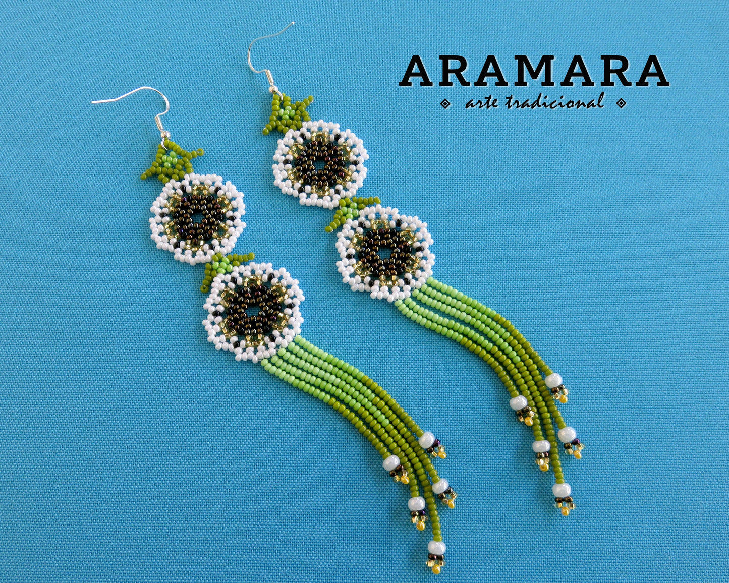 White and Green Huichol Beaded Flower Earrings | AF-0952