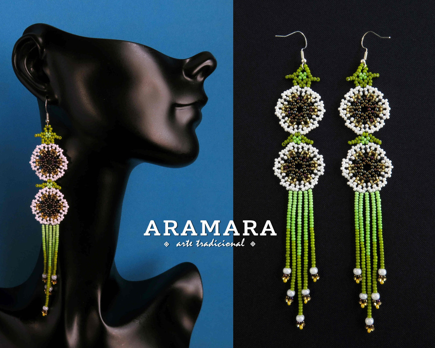 White and Green Huichol Beaded Flower Earrings | AF-0952