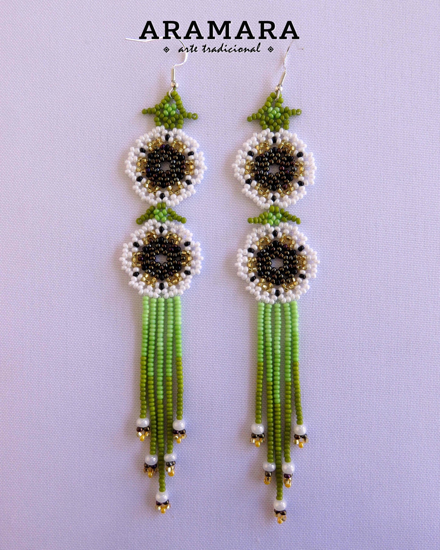 White and Green Huichol Beaded Flower Earrings | AF-0952