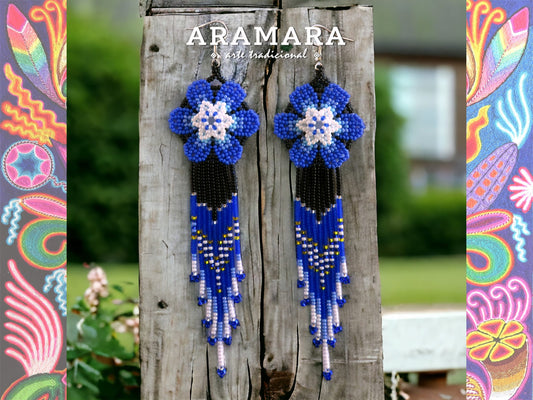 Blue and White Huichol Beaded Flower Earrings  |  AF-0947
