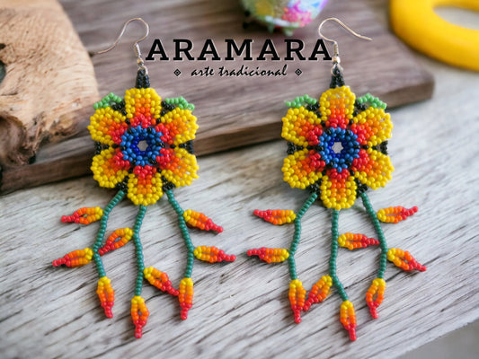 Yellow Huichol Beaded Flower Earrings  | AF-0901
