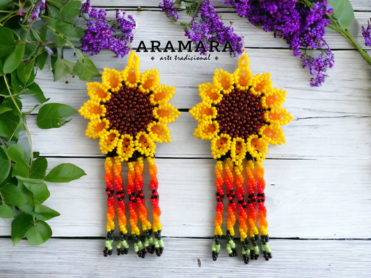 Yellow Huichol Beaded Flower Earrings  |  AF-0673