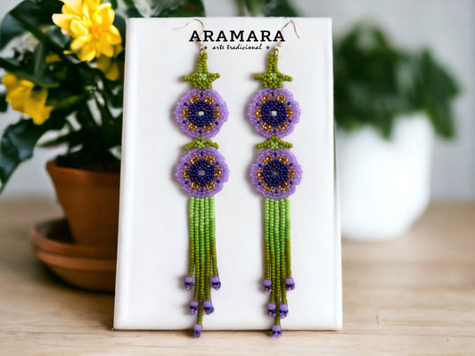 Purple and green Huichol Beaded Flower earrings  |  AF-0950