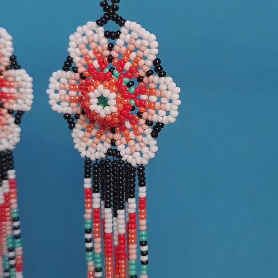 Flower Earrings, Mexican folk art, Huichol Earrings, Mexican earrings, Beaded Flower, Native american earrings, Mexican Jewelry, AF-0948