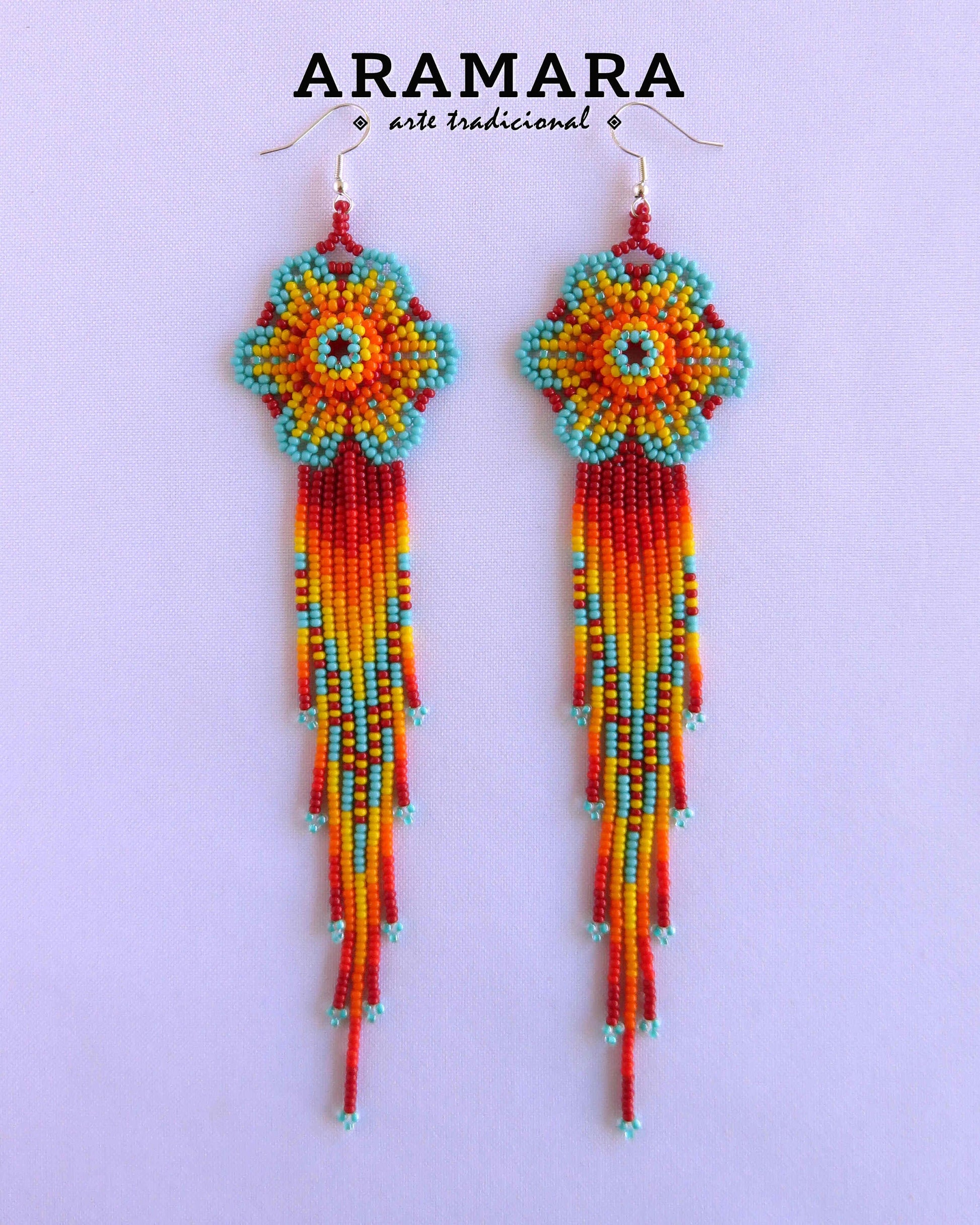 Flower Earrings, Mexican Jewelry, Mexican earrings, Mexican folk art, Beaded Flower, Native american earrings, Huichol Earrings, AF-0899