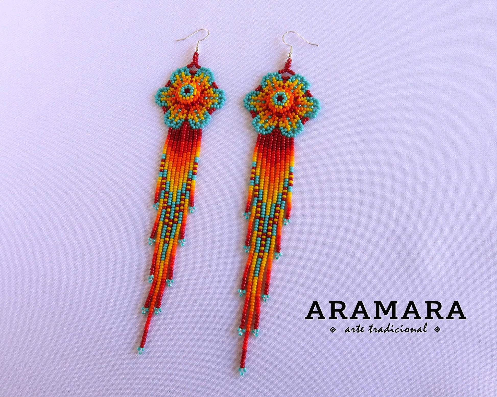 Flower Earrings, Mexican Jewelry, Mexican earrings, Mexican folk art, Beaded Flower, Native american earrings, Huichol Earrings, AF-0899