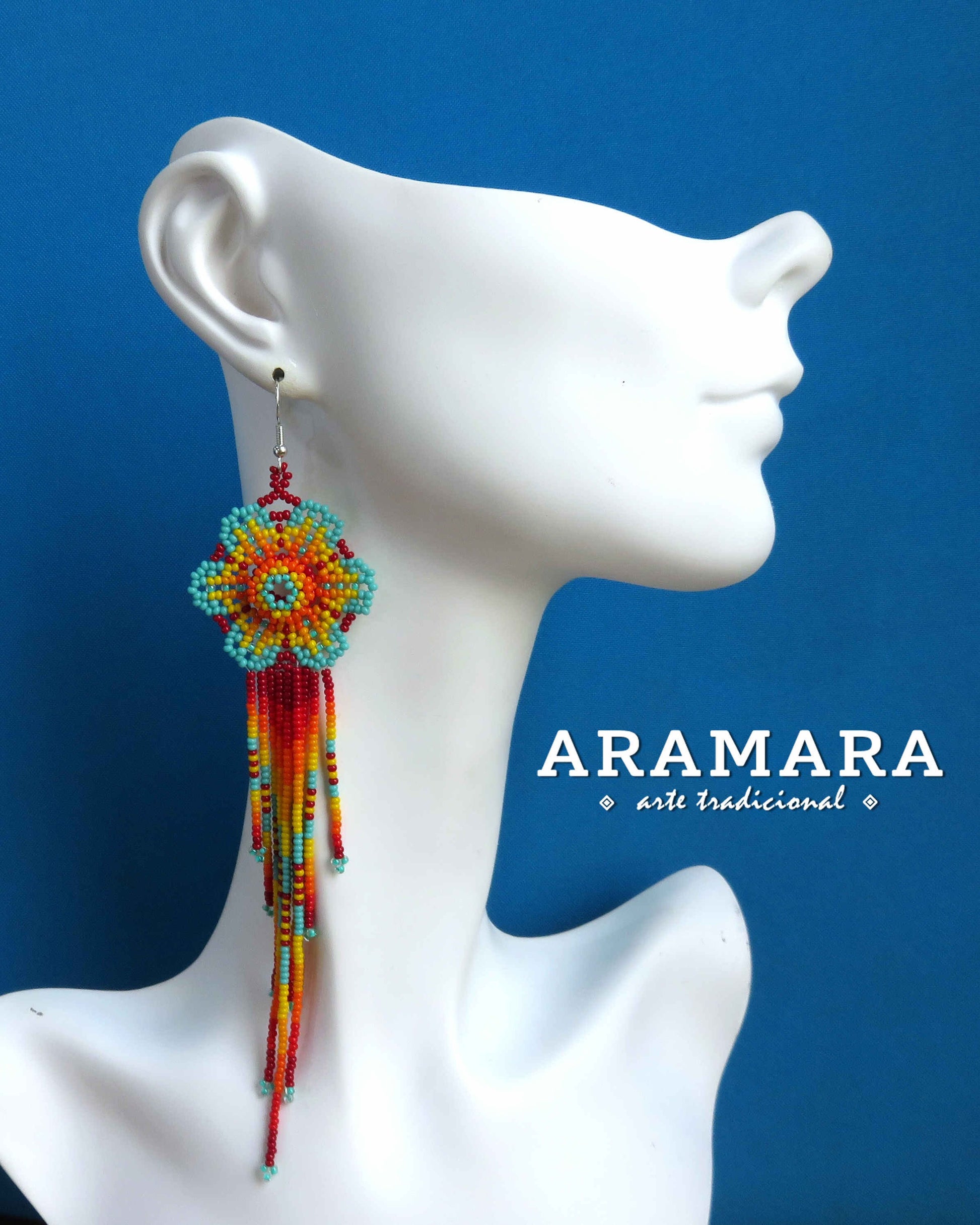 Flower Earrings, Mexican Jewelry, Mexican earrings, Mexican folk art, Beaded Flower, Native american earrings, Huichol Earrings, AF-0899