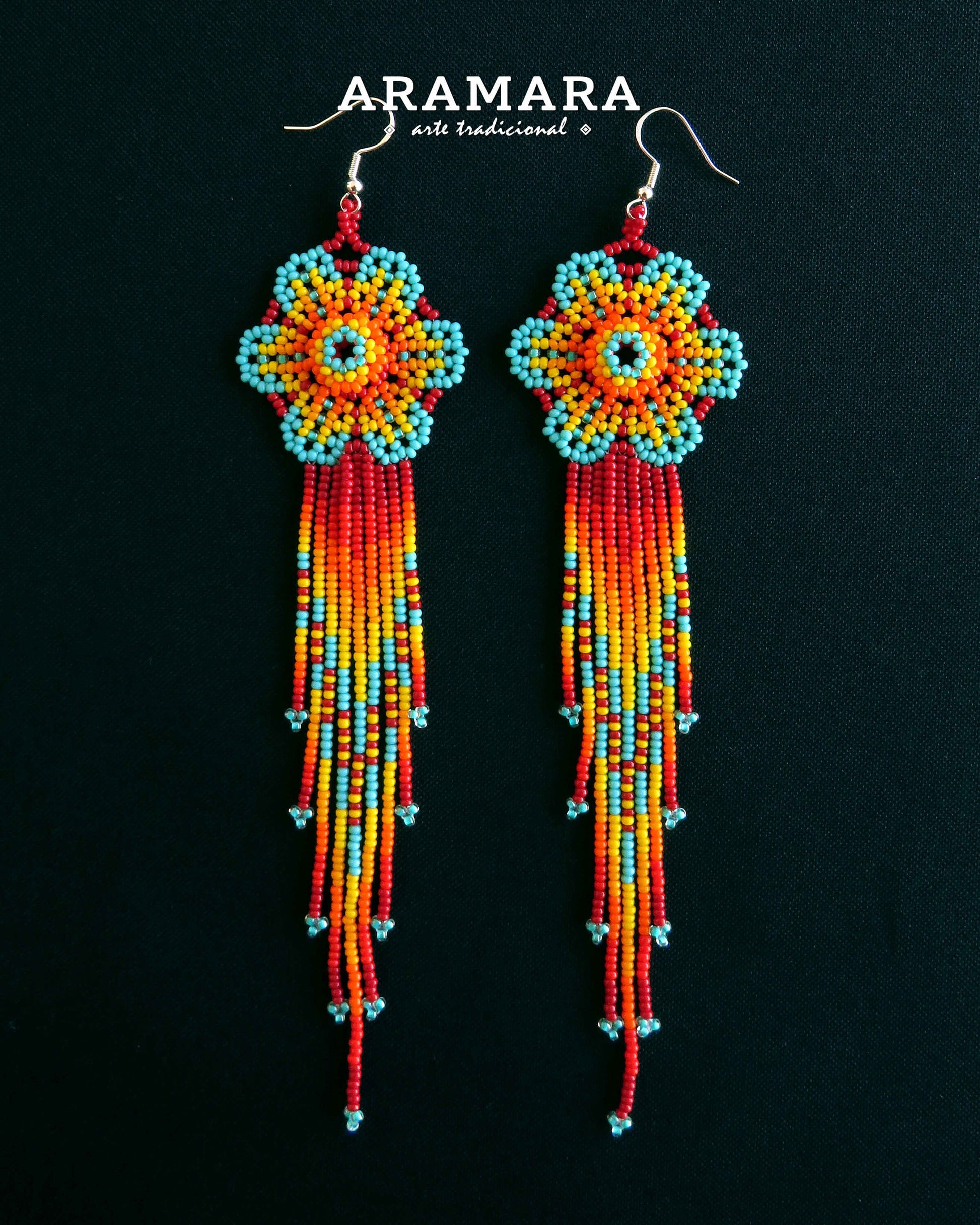 Flower Earrings, Mexican Jewelry, Mexican earrings, Mexican folk art, Beaded Flower, Native american earrings, Huichol Earrings, AF-0899