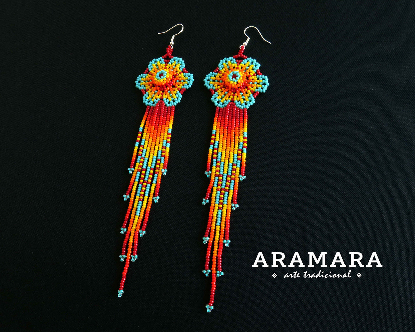 Flower Earrings, Mexican Jewelry, Mexican earrings, Mexican folk art, Beaded Flower, Native american earrings, Huichol Earrings, AF-0899