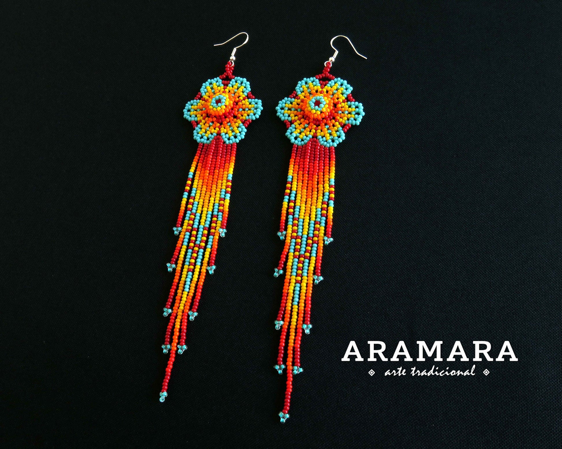 Flower Earrings, Mexican Jewelry, Mexican earrings, Mexican folk art, Beaded Flower, Native american earrings, Huichol Earrings, AF-0899