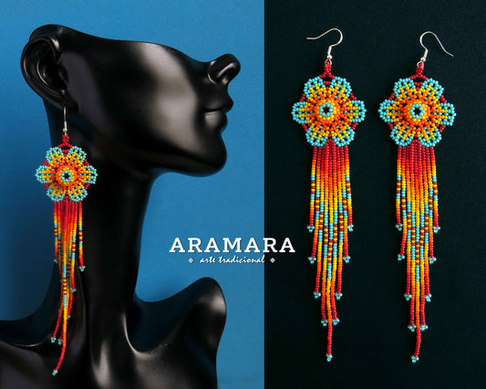 Flower Earrings, Mexican Jewelry, Mexican earrings, Mexican folk art, Beaded Flower, Native american earrings, Huichol Earrings, AF-0899
