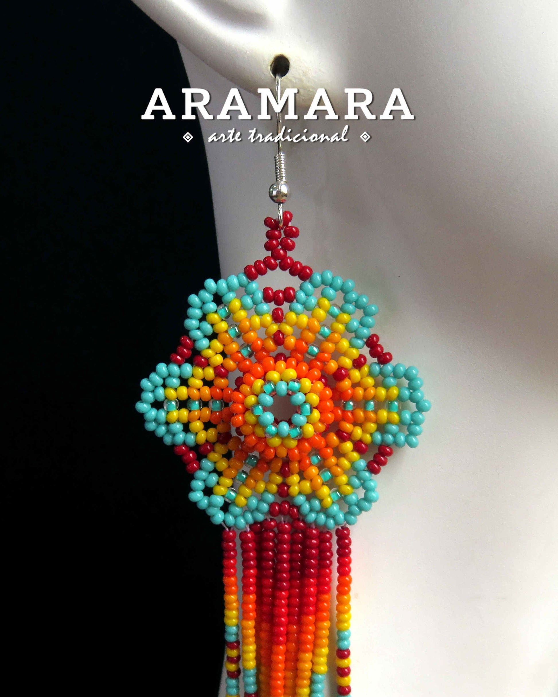 Flower Earrings, Mexican Jewelry, Mexican earrings, Mexican folk art, Beaded Flower, Native american earrings, Huichol Earrings, AF-0899