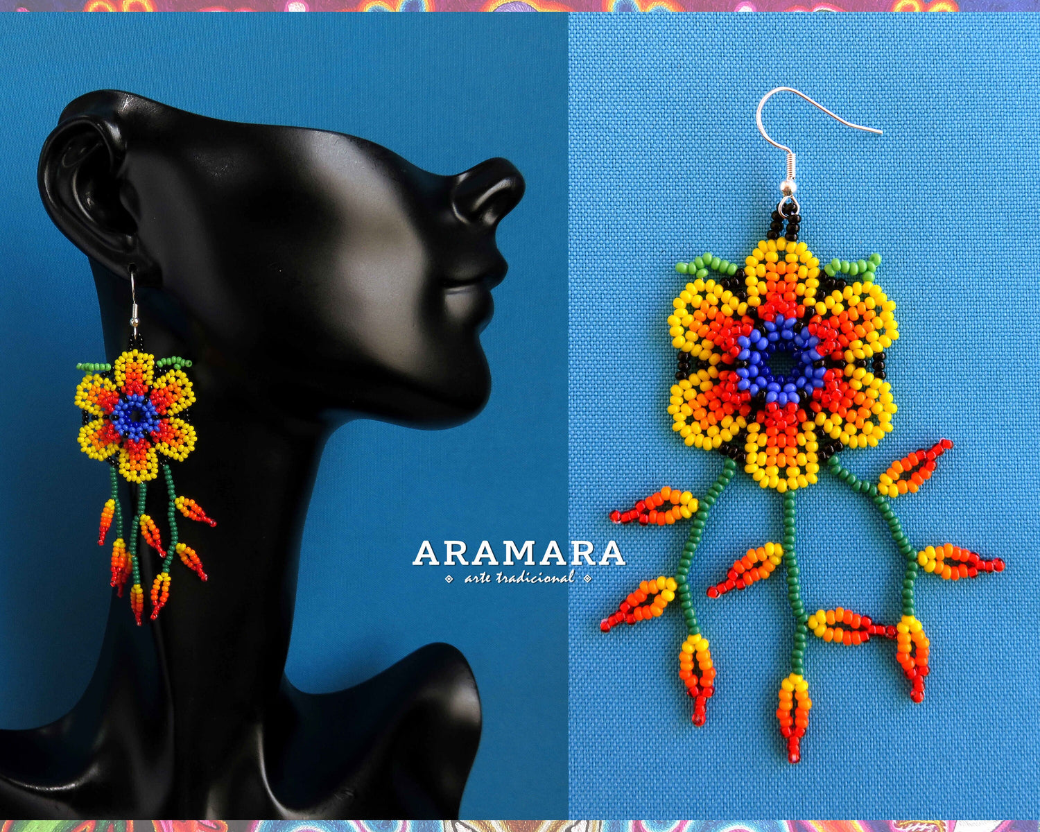 Flower Earrings, Beaded Flower, Mexican folk art, Native american earrings, Mexican Jewelry, Mexican earrings, Huichol Earrings, AF-0943